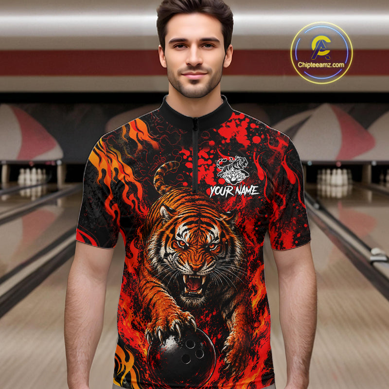 Tiger Bowling Polo Shirt Custom Name Team Quarter Zip Bowling Jersey For Men NHT1349