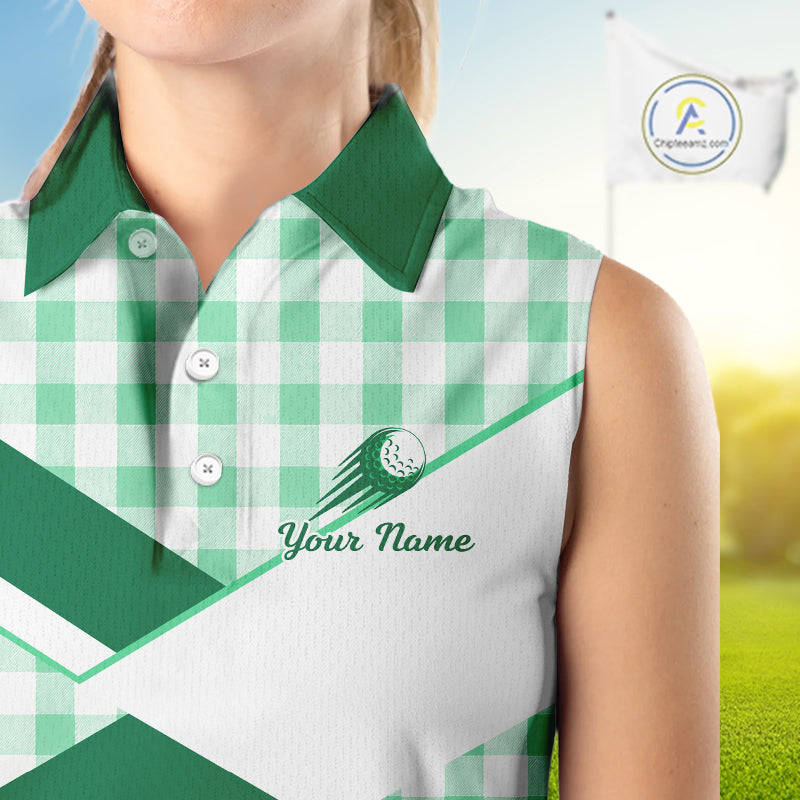 Custom Womens Sleeveless Green Gingham Plaid Golf Polo Shirts– Personalized Ladies Golf Apparel NHT716