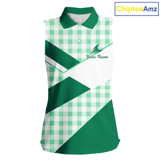 Custom Womens Sleeveless Green Gingham Plaid Golf Polo Shirts– Personalized Ladies Golf Apparel NHT716