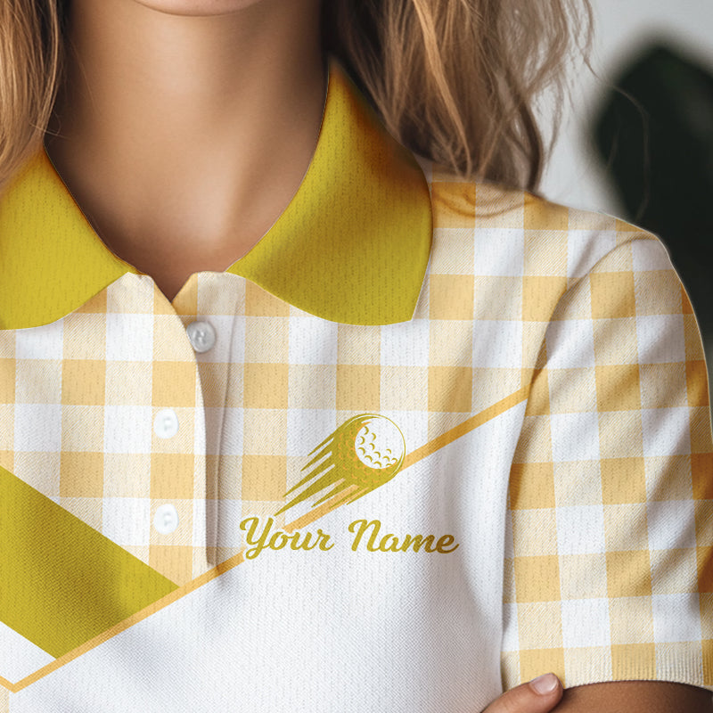 Custom Women’s Yellow Gingham Plaid Golf Polo Shirts– Personalized Ladies Golf Apparel NHT717