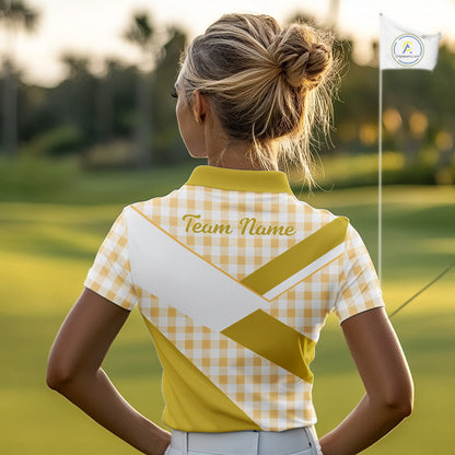 Custom Women’s Yellow Gingham Plaid Golf Polo Shirts– Personalized Ladies Golf Apparel NHT717