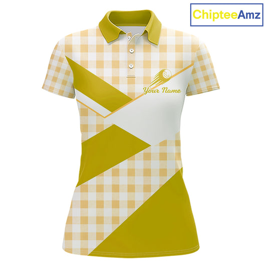 Custom Women’s Yellow Gingham Plaid Golf Polo Shirts– Personalized Ladies Golf Apparel NHT717