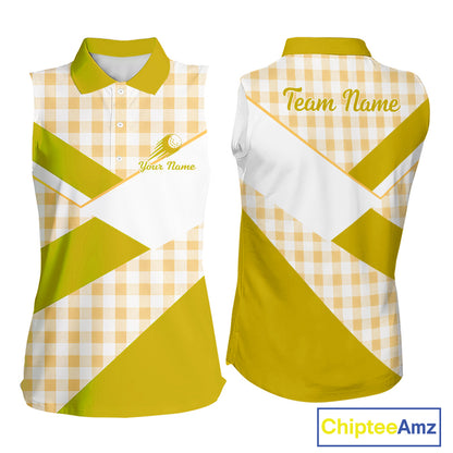 Custom Womens Sleeveless Yellow Gingham Plaid Golf Polo Shirts– Personalized Ladies Golf Apparel NHT717