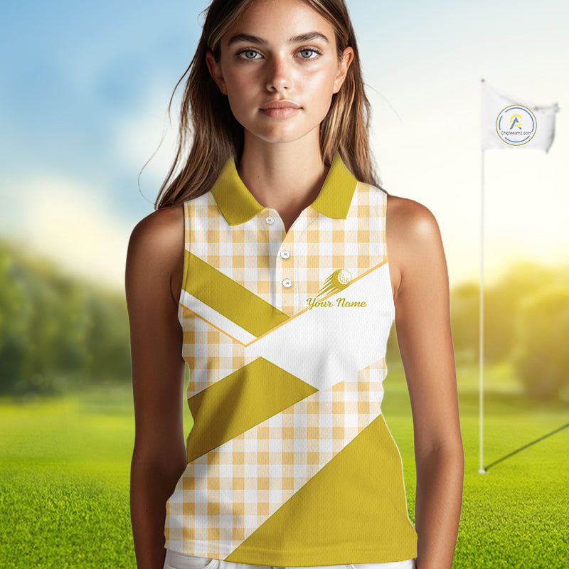 Custom Womens Sleeveless Yellow Gingham Plaid Golf Polo Shirts– Personalized Ladies Golf Apparel NHT717