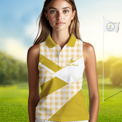 Custom Womens Sleeveless Yellow Gingham Plaid Golf Polo Shirts– Personalized Ladies Golf Apparel NHT717