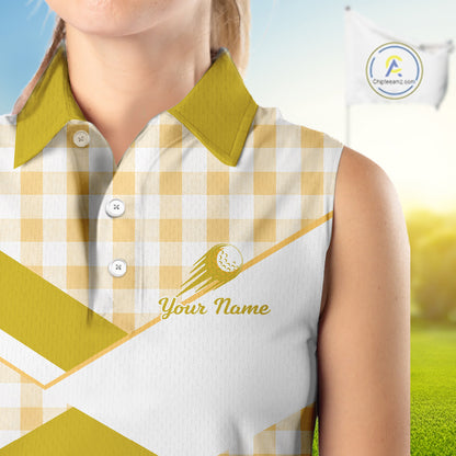 Custom Womens Sleeveless Yellow Gingham Plaid Golf Polo Shirts– Personalized Ladies Golf Apparel NHT717