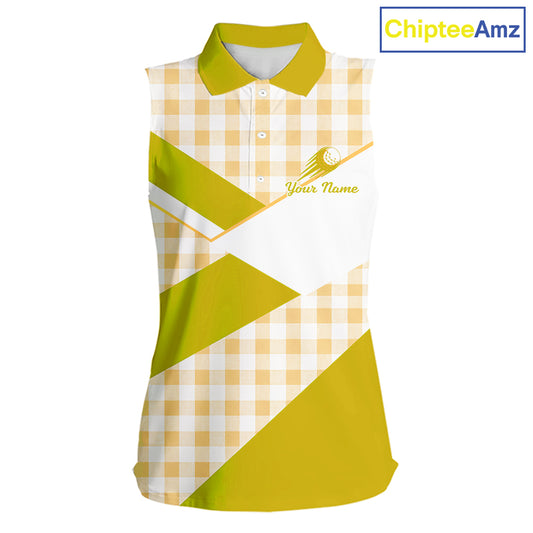 Custom Womens Sleeveless Yellow Gingham Plaid Golf Polo Shirts– Personalized Ladies Golf Apparel NHT717