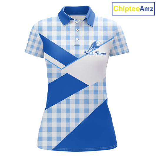 Custom Women’s Blue Gingham Plaid Golf Polo Shirts– Personalized Ladies Golf Apparel NHT718