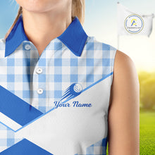 Load image into Gallery viewer, Custom Womens Sleeveless Blue Gingham Plaid Golf Polo Shirts– Personalized Ladies Golf Apparel NHT718