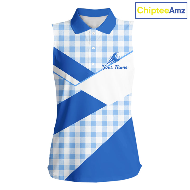 Custom Womens Sleeveless Blue Gingham Plaid Golf Polo Shirts– Personalized Ladies Golf Apparel NHT718