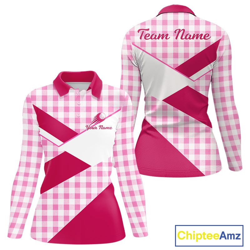 Custom Women’s Pink Gingham Plaid Golf Polo Shirts– Personalized Ladies Golf Apparel NHT719