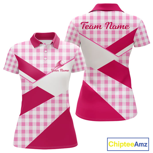 Custom Women’s Pink Gingham Plaid Golf Polo Shirts– Personalized Ladies Golf Apparel NHT719
