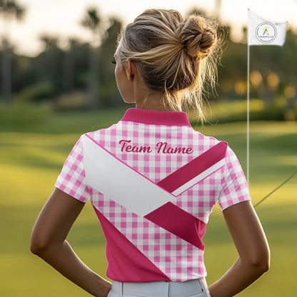 Custom Women’s Pink Gingham Plaid Golf Polo Shirts– Personalized Ladies Golf Apparel NHT719