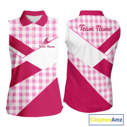 Custom Womens Sleeveless Pink Gingham Plaid Golf Polo Shirts– Personalized Ladies Golf Apparel NHT719