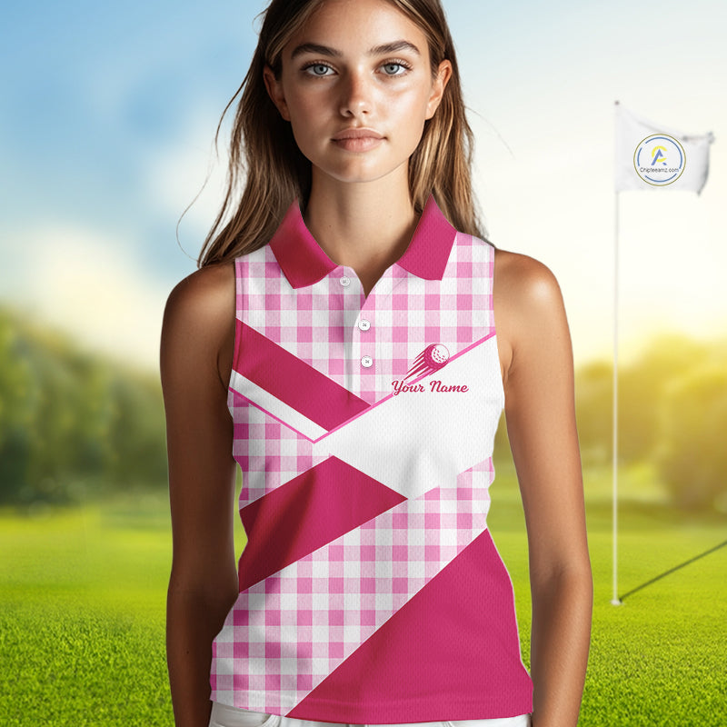Custom Womens Sleeveless Pink Gingham Plaid Golf Polo Shirts– Personalized Ladies Golf Apparel NHT719