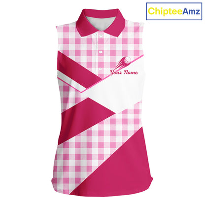 Custom Womens Sleeveless Pink Gingham Plaid Golf Polo Shirts– Personalized Ladies Golf Apparel NHT719