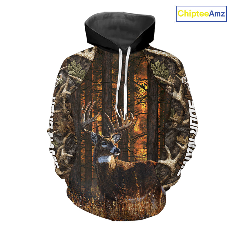 Whitetail Deer Hunting Custom Name All Over Print Shirts Big Buck Forest Camo Hunter Outdoor Gift NHT1365