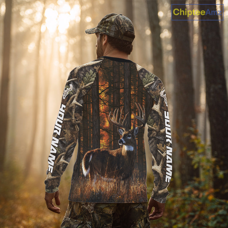 Whitetail Deer Hunting Custom Name All Over Print Shirts Big Buck Forest Camo Hunter Outdoor Gift NHT1365