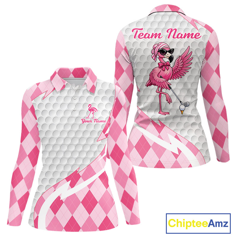Pink Argyle Plaid Pattern Funny Flamingo Golf Wine Womens Golf Polos Shirt Custom Funny Golf Shirt For Ladies NHT738