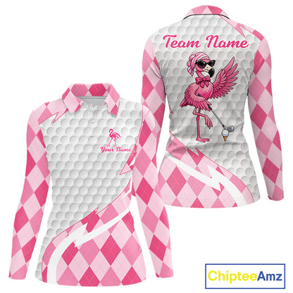 Pink Argyle Plaid Pattern Funny Flamingo Golf Wine Womens Golf Polos Shirt Custom Funny Golf Shirt For Ladies NHT738