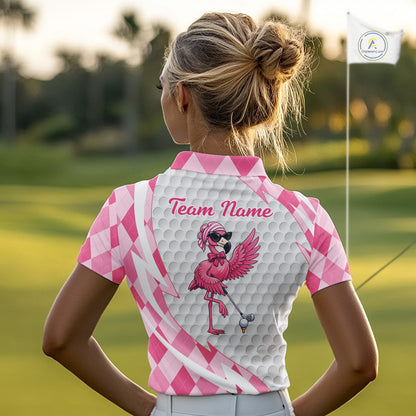 Pink Argyle Plaid Pattern Funny Flamingo Golf Wine Womens Golf Polos Shirt Custom Funny Golf Shirt For Ladies NHT738