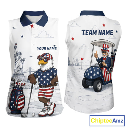 Custom Patriotic Womens Sleeveless Golf Polo Shirt – American Eagle Golf Team Polo With Personalized Name 