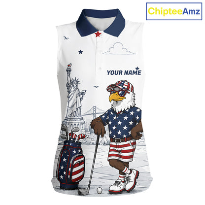 Custom Patriotic Womens Sleeveless Golf Polo Shirt – American Eagle Golf Team Polo With Personalized Name 
