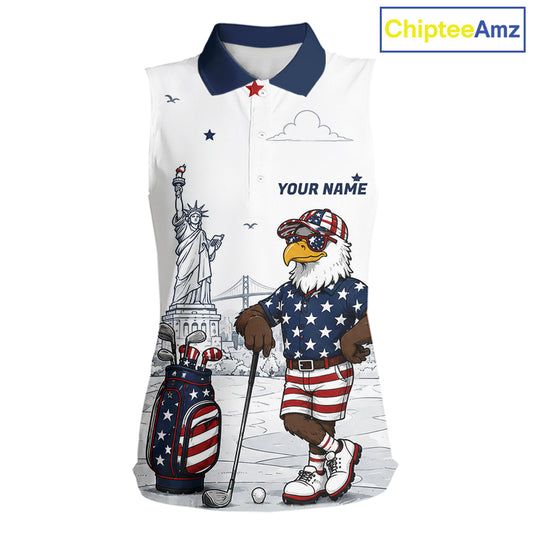 Custom Patriotic Womens Sleeveless Golf Polo Shirt – American Eagle Golf Team Polo With Personalized Name 