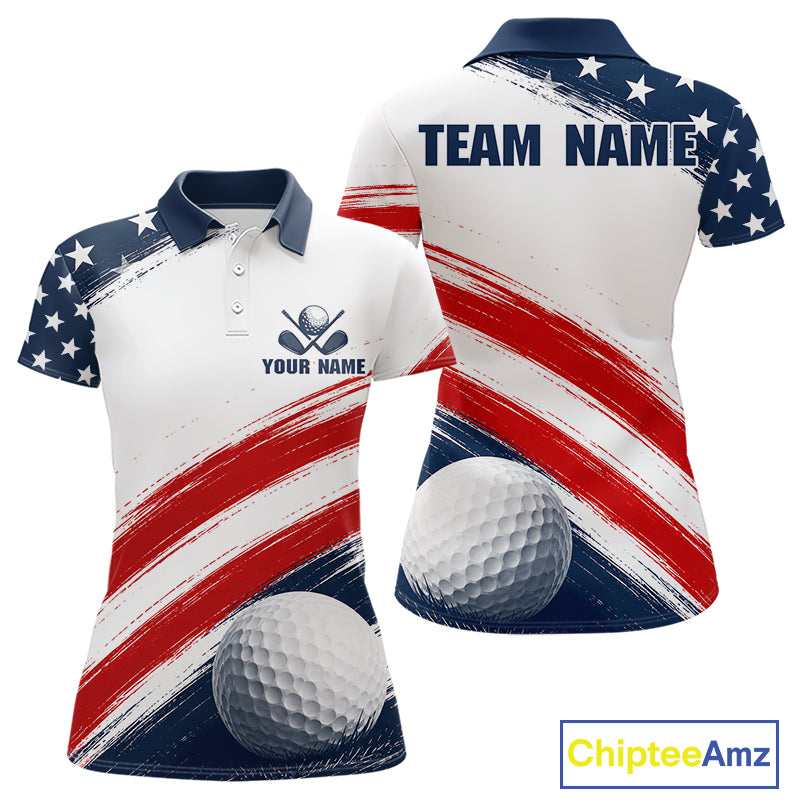 Custom USA Flag Womens Golf Polo Shirt – Patriotic Golf Polo With Personalized Name 
