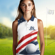 Load image into Gallery viewer, Custom USA Flag Womens Sleeveless Golf Polo Shirt – Patriotic Golf Polo With Personalized Name 