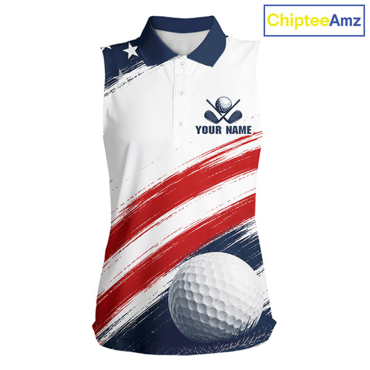 Custom USA Flag Womens Sleeveless Golf Polo Shirt – Patriotic Golf Polo With Personalized Name 