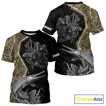 Bowfishing Shirt With Grim Reaper & Alligator Gar Fish Camo Design, Fishing Shirts Short Sleeve For Men NHT1372