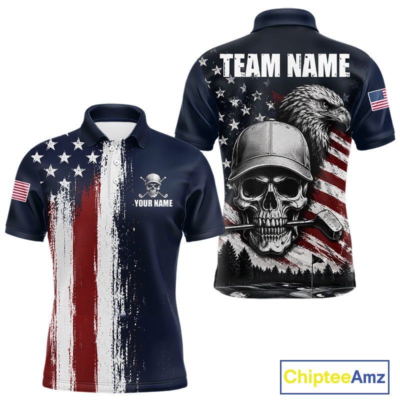 Personalized Skull Eagle Mens Golf Polo Shirt American Flag Patriotic Golf Shirt Custom Name 