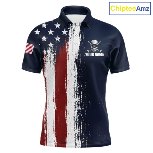Personalized Skull Eagle Mens Golf Polo Shirt American Flag Patriotic Golf Shirt Custom Name 