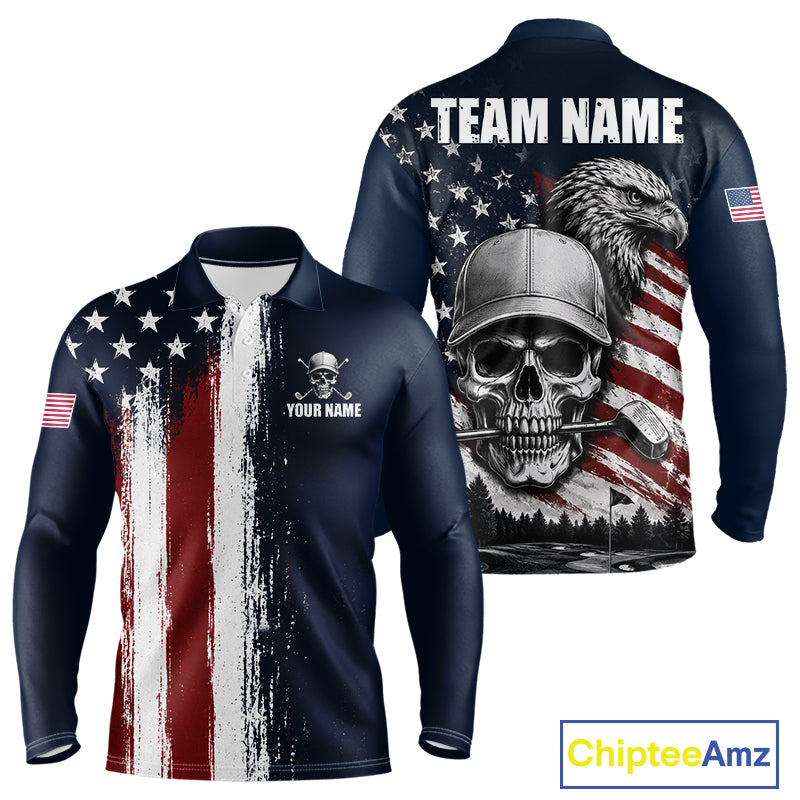 Personalized Skull Eagle Mens Golf Polo Shirt American Flag Patriotic Golf Shirt Custom Name 