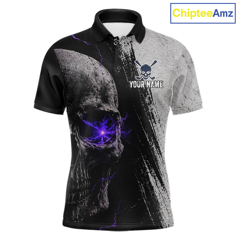 Personalized Skull Mens Golf Polo Shirt Purple Lightning Custom Team Name Golf Shirt 