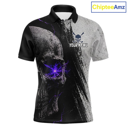 Personalized Skull Mens Golf Polo Shirt Purple Lightning Custom Team Name Golf Shirt 