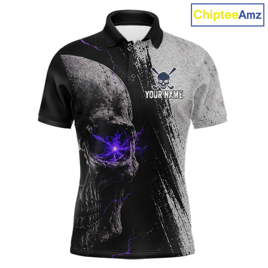 Personalized Skull Mens Golf Polo Shirt Purple Lightning Custom Team Name Golf Shirt 