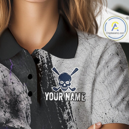 Gray polo shirt with skull and crossbones design and 'Your Name' text on a mannequin.