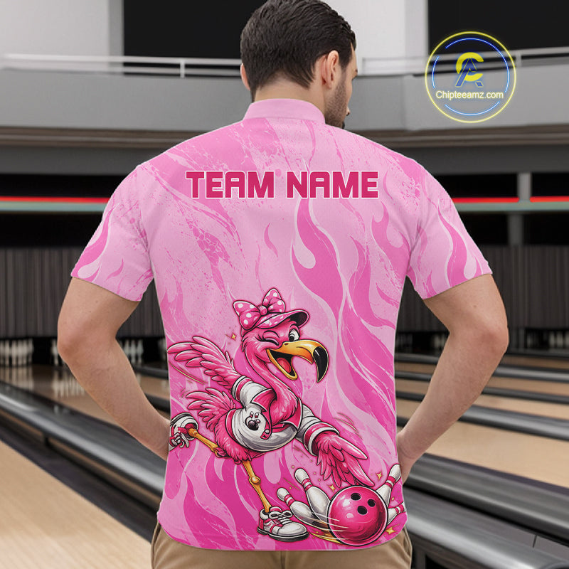 Men's Custom Flamingo Bowling Shirt Pink Personalized Team Bowling Polo Funny Bowling Jersey Gift NHT1230