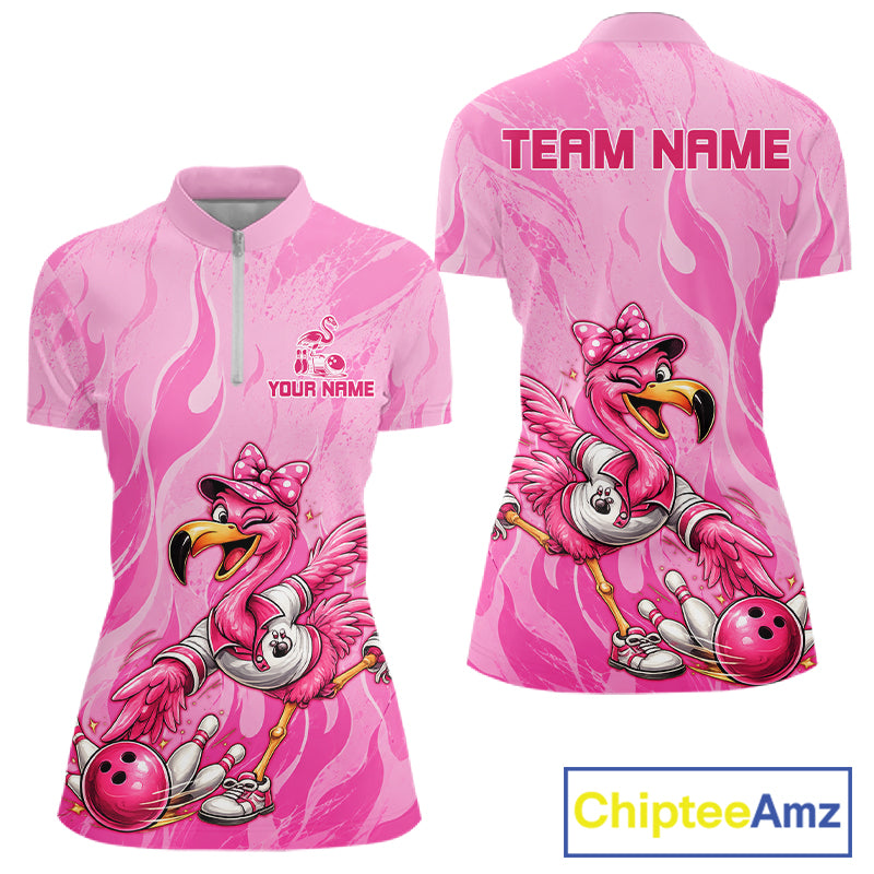 A pink short-sleeve polo shirt shown from the front and back, featuring a cartoon flamingo bowling graphic, flame-like swirl patterns, and customizable text areas reading 'TEAM NAME' and 'YOUR NAME'. A ChipteeAmz logo appears in the bottom right corner.