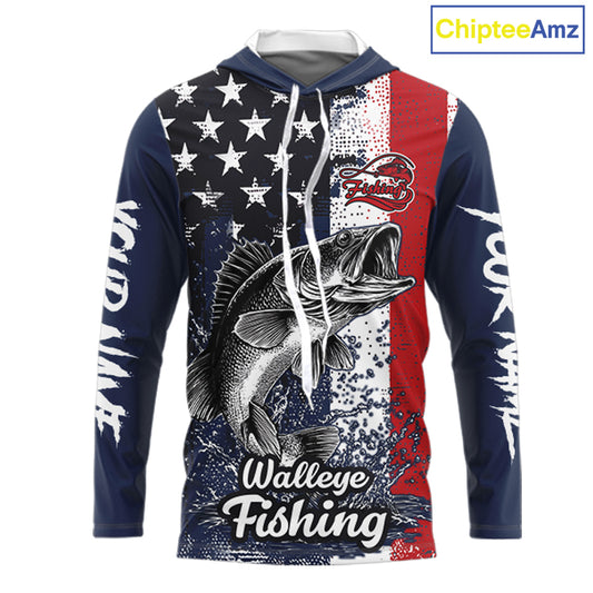 Walleye Custom US Flag Hooded Long Sleeve Shirt, Men's Fishing Shirt NHT412