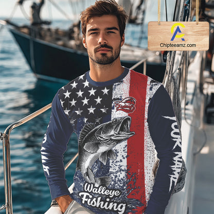 Walleye Custom US Flag Long Sleeve Fishing Shirt, Men's Fishing Shirt NHT412
