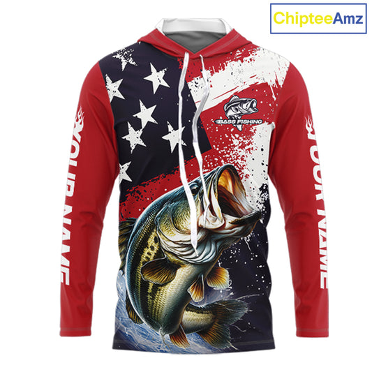 Personalized Bass Fishing Jerseys, Custom American Flag Bass Fishing Shirts Long Sleeve NHT414