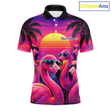 Load image into Gallery viewer, Custom Neon Flamingo Paradise Mens Golf Shirt Polo, Cool Flamingo Golf Team Outfits NHT548
