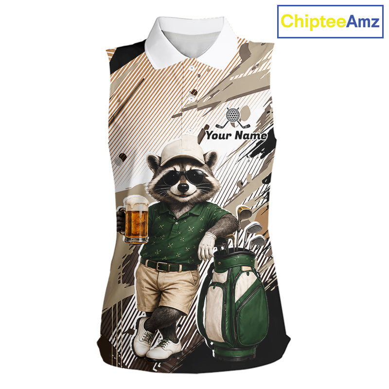 Custom Beige Funny Raccoon Golf Team Shirt For Womens, Womens Sleeveless Golf Jersey Polo Shirt Outfit NHT937