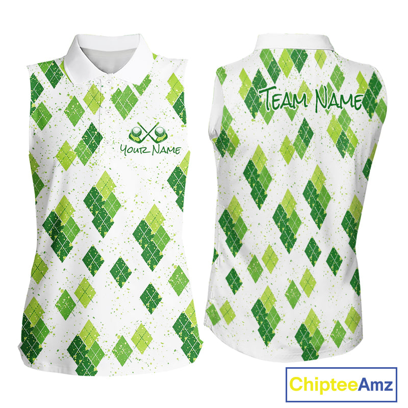 Green Argyle Womens Sleeveless Golf Polo Shirt, Pattern Golf Shirts Custom Team Golf Polo NHT574