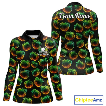 Funny Neon Colorful Peach In Dark Golf Women's Polo Shirt,  Funny Fruit Pattern Polo Top NHT578