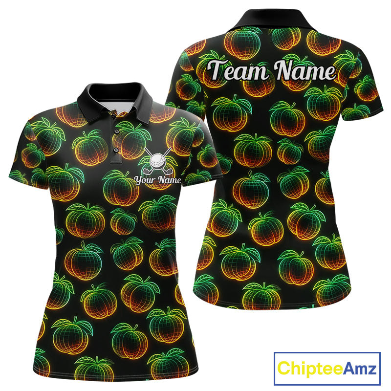 Funny Neon Colorful Peach In Dark Golf Women's Polo Shirt,  Funny Fruit Pattern Polo Top NHT578