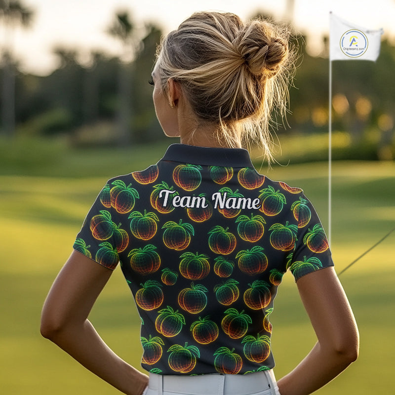 Funny Neon Colorful Peach In Dark Golf Women's Polo Shirt,  Funny Fruit Pattern Polo Top NHT578